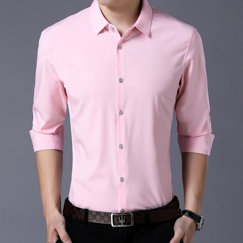 Men's Casual Fashion Business Solid Color Long Sleeved Shirt