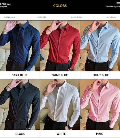 7 Colors Men's Business Fashion Solid Color Long Sleeve Shirt Classic Style Cotton Casual White Slim Fit Shirt Office Clothes