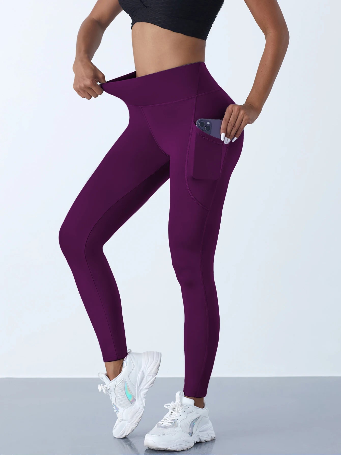 New High Waist Women's Leggings Stretch Yoga Pants Tights With Pockets Push Up Fitness Running Sportswear Solid Color Pants