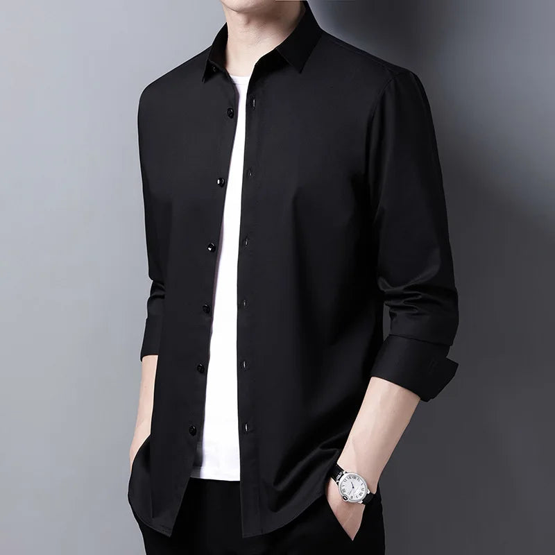 Men's Casual Fashion Business Solid Color Long Sleeved Shirt