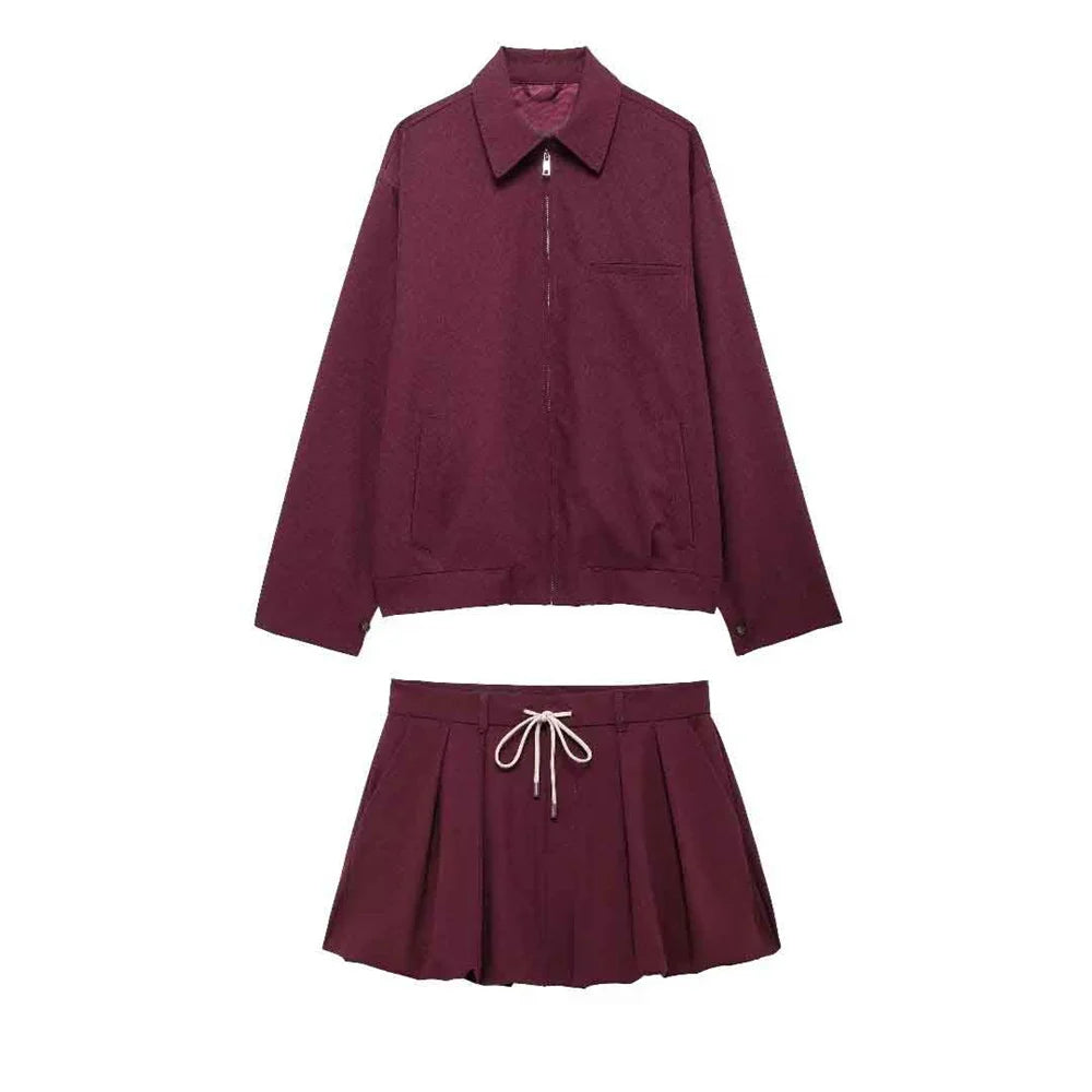 UNIZERA 2024 Autumn New Product Fashion Casual Women's Zipper Pocket Decoration Jacket Coat Lantern Mini Skirt Set