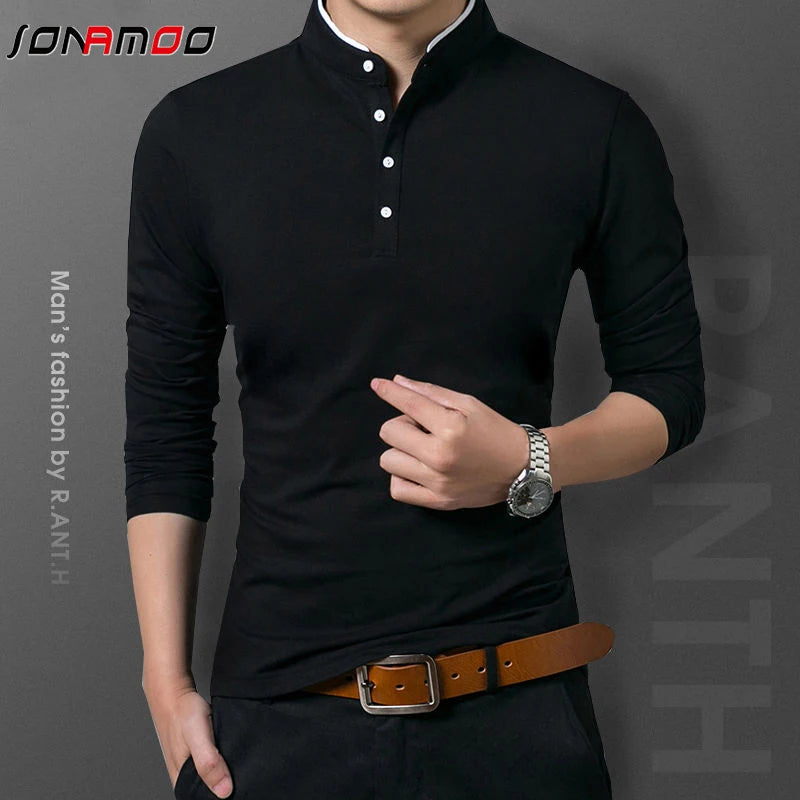 Men's Business Casual Polo Long Sleeve T-shirt Summer Comfortable and Breathable Solid Top