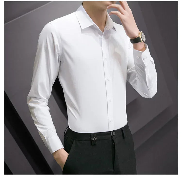 2024 New Plus Size 7XL 8XL Men White Business Shirt Fashion Dress Party Classic Basic Slim Long Sleeve Shirt Brand Clothes