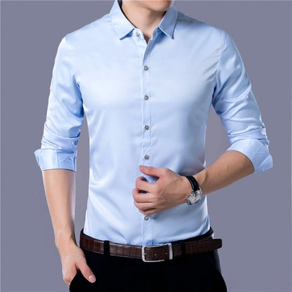 Men's Casual Fashion Business Solid Color Long Sleeved Shirt