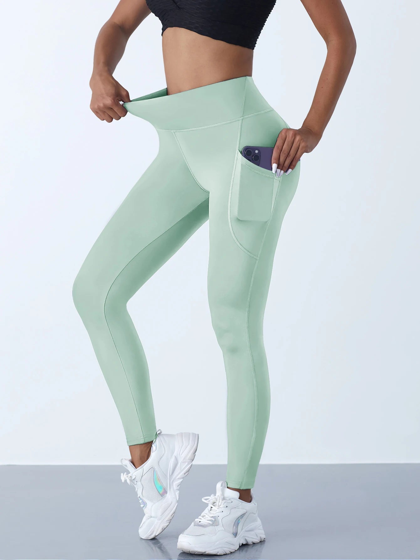 New High Waist Women's Leggings Stretch Yoga Pants Tights With Pockets Push Up Fitness Running Sportswear Solid Color Pants