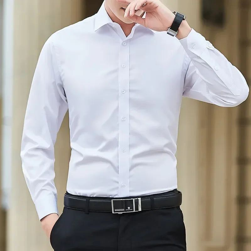 2024 New Plus Size 7XL 8XL Men White Business Shirt Fashion Dress Party Classic Basic Slim Long Sleeve Shirt Brand Clothes