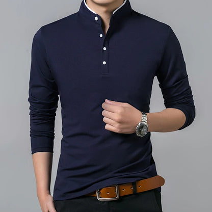 Men's Business Casual Polo Long Sleeve T-shirt Summer Comfortable and Breathable Solid Top