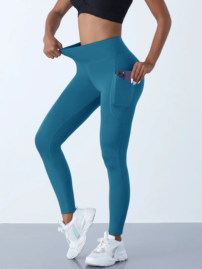 New High Waist Women's Leggings Stretch Yoga Pants Tights With Pockets Push Up Fitness Running Sportswear Solid Color Pants