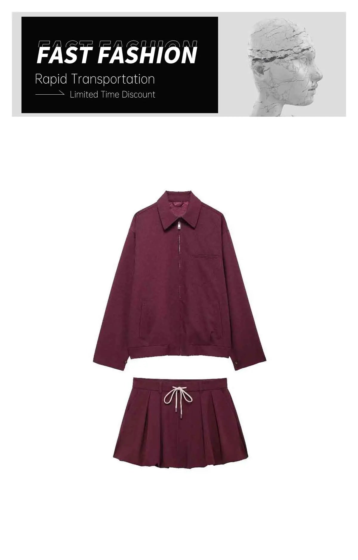 UNIZERA 2024 Autumn New Product Fashion Casual Women's Zipper Pocket Decoration Jacket Coat Lantern Mini Skirt Set